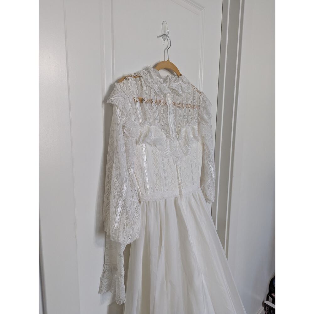 Vintage 70s Victorian Wedding Dress Bridgerton Lace High Neck Illusion Neckline - Picture 9 of 14